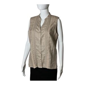 E.col.o.gie Womens Size L Blouse Sleeveless Shirt Collarless Linen Tan Beige top